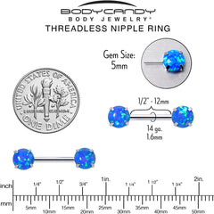 14G 1/2 Blue Synthetic Opal Threadless Barbell Nipple Ring Set