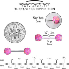 14G 1/2 Pink Synthetic Opal Threadless Barbell Nipple Ring Set