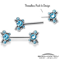 14G 9/16 Blue CZ Gem Circles Threadless Barbell Nipple Ring Set