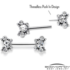 14G 9/16 Clear CZ Gem Circles Threadless Barbell Nipple Ring Set