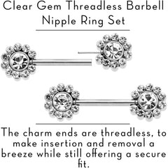 14G 9/16 Clear CZ Gem Flower Threadless Barbell Nipple Ring Set