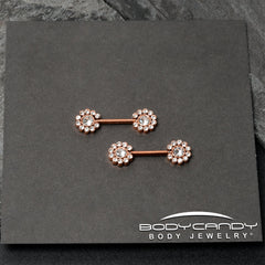14G 9/16 Clear CZ Gem Rosy Tone Flower Threadless Nipple Ring Set