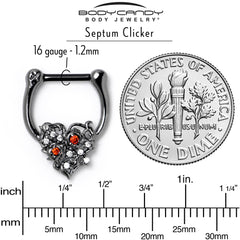 16G 5/16 Red Clear CZ Black Floral Heart Cartilage Clicker