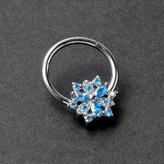 16G 3/8 Blue CZ Gem Snowflake Style Hinged Segment Ring