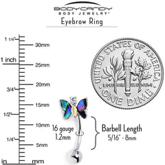 16G 5/16 Yellow Clear Gem Dark Butterfly Curved Eyebrow Ring
