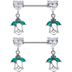 14G 9/16 Clear CZ Gem Hearts And Roses Dangle Nipple Ring Set