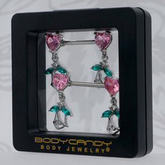 14G 9/16 Pink CZ Gem Hearts And Roses Dangle Nipple Ring Set