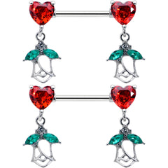 14G 9/16 Red CZ Gem Hearts And Roses Dangle Nipple Ring Set