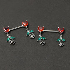 14G 9/16 Red CZ Gem Hearts And Roses Dangle Nipple Ring Set