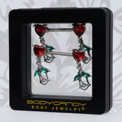 14G 9/16 Red CZ Gem Hearts And Roses Dangle Nipple Ring Set