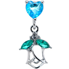 16G 1/4 Blue CZ Gem Heart And Rose Dangle Cartilage Earring