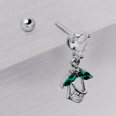 16G 1/4 Clear CZ Gem Heart And Rose Dangle Cartilage Earring