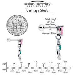 16G 1/4 Pink CZ Gem Heart And Rose Dangle Cartilage Earring