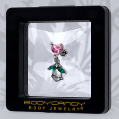 16G 1/4 Pink CZ Gem Heart And Rose Dangle Cartilage Earring