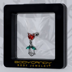 16G 1/4 Red CZ Gem Heart And Rose Dangle Cartilage Earring