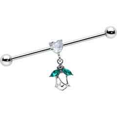 14G Clear CZ Gem Heart And Rose Dangle Industrial Barbell 38mm