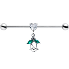 14G Clear CZ Gem Heart And Rose Dangle Industrial Barbell 38mm