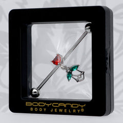 14G Red CZ Gem Heart And Rose Dangle Industrial Barbell 38mm