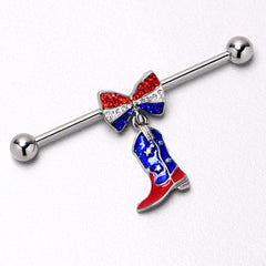 14G Red Blue Gem Bow Cowboy Boot Patriotic Industrial Barbell 38mm