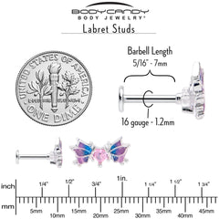 16G 5/16 Pink CZ Gem Heart Butterfly Labret Monroe Tragus