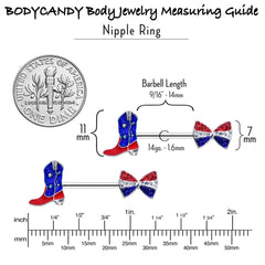 14G 9/16 Red Blue Gem Bow Cowboy Boot Patriotic Nipple Ring Set