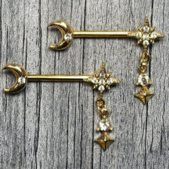 14G 9/16 Clear Gem Gold Tone Celestial Glam Dangle Nipple Ring Set