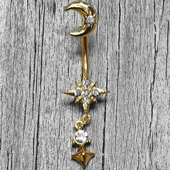 Clear Gem Gold Tone Celestial Glam Dangle Double Mount Belly Ring