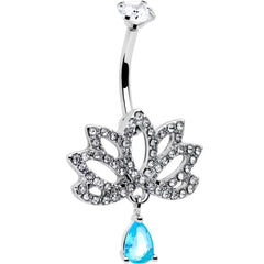 Clear Blue CZ Gem Fashion Flower Lotus Flower Dangle Belly Ring