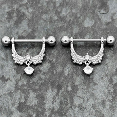 14G 9/16 Clear CZ Gem Alluring Wings Dangle Nipple Ring Set