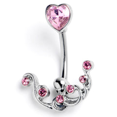 Pink Gem Heart Scrolling Elegance Double Mount Belly Ring
