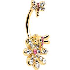 Clear Pink Gem Gold Tone Flower Bug Double Mount Belly Ring
