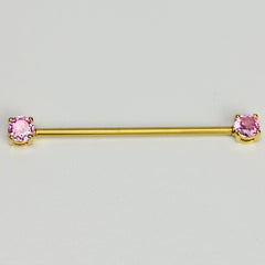 14G Pink Gem Gold Tone Internally Threaded Industrial Barbell 38mm