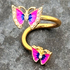 Clear Gem Gold Tone Butterfly Pink Blue Spiral Twister Belly Ring