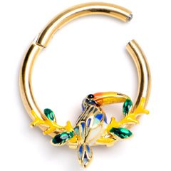 16G 3/8 Green Gem Gold Tone Tropical Toucan Hinged Segment Ring