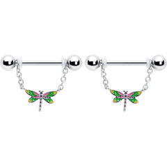 14G 9/16 Dragonfly Colors Chain Dangle Nipple Ring Set