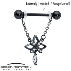 14G 9/16 Clear CZ Gem Black Gothic Star Dangle Nipple Ring Set