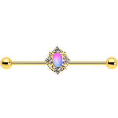 14G Pink Tourmaline Gold Tone Wondrous Industrial Barbell 38mm