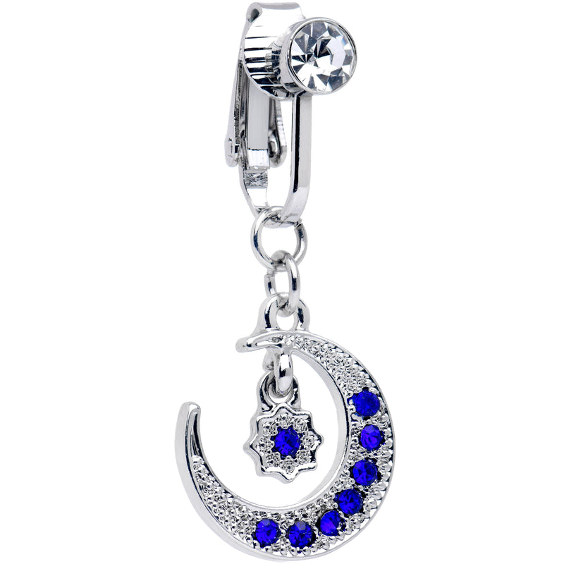 Blue CZ Gem Moon And Star Dangle Clip on Fake Belly Ring