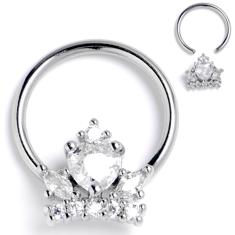16G 3/8 Clear CZ Gem Crown Heart BCR Captive Ring