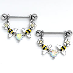 14G 9/16 Aurora Gem Heart Bees Flowers Dangle Nipple Ring Set
