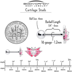 16G 1/4 Clear Gem Heart Pink Butterfly Cartilage Tragus Earring