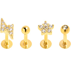 16G 1/4 Clear CZ Gem Gold Tone Bling Star Labret Tragus Curation Set of 4