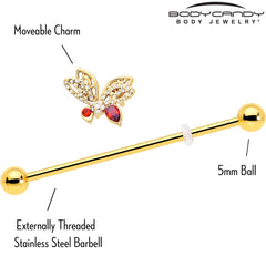 14G Red CZ Gem Gold Tone Drama Butterfly Industrial Barbell 38mm