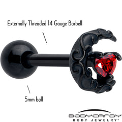 Red CZ Gem Black Scroll Moon Heart Barbell Tongue Ring