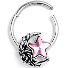 16G 3/8 Pink Gem Ornate Moon Star Hinged Segment Ring