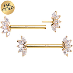 14G 9/16 Solid 14k Yellow Gold CZ Floral Push In Threadless Nipple Ring Set