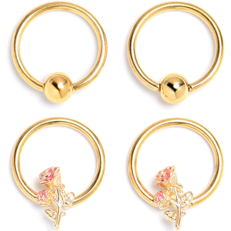 16G 3/8 Gold Tone Regal Rose BCR Captive Ring Set of 4
