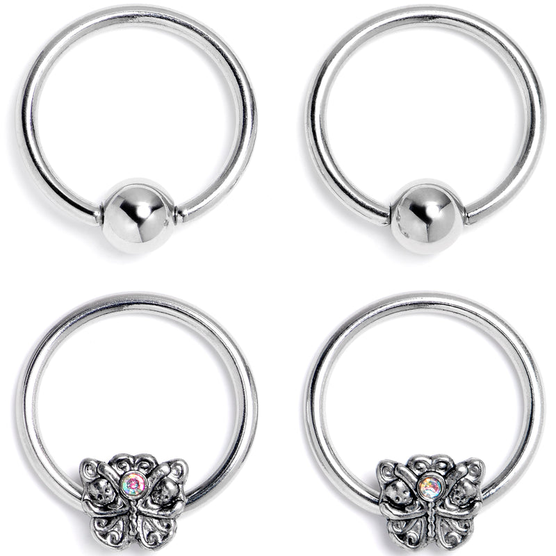 16G 3/8 Aurora Gem Butterfly Ornate BCR Captive Ring Set of 4