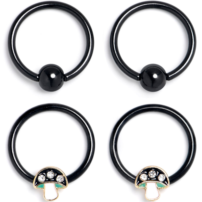 16G 3/8 Clear Gem Black Mushroom BCR Captive Ring Set of 4