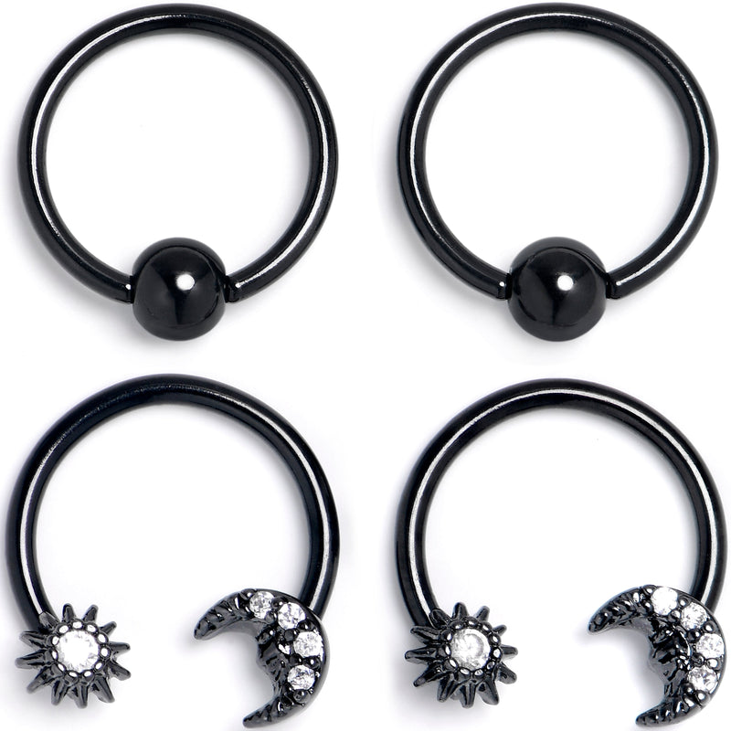 16G 3/8 Clear Gem Black Moon Sun BCR Captive Horseshoe Set of 4